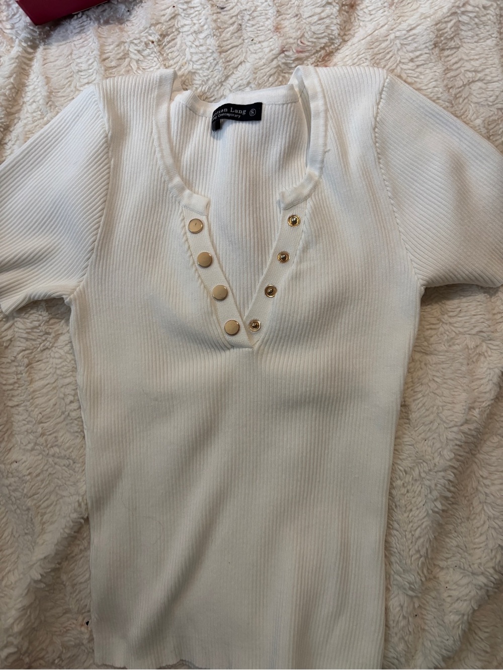 Slim Ribbed Henley Top with Gold Buttons - White
